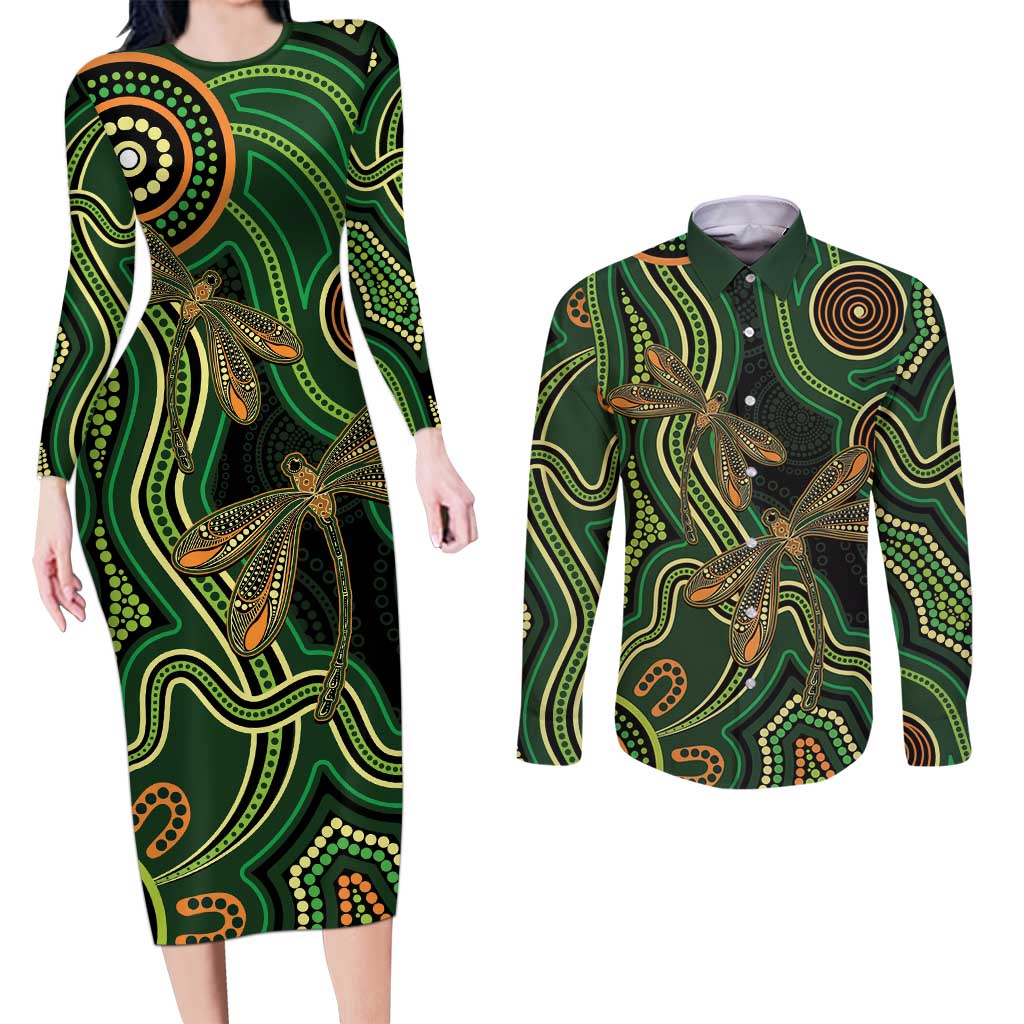 Green Indigenous Dragonfly Australia Couples Matching Long Sleeve Bodycon Dress and Long Sleeve Button Shirt Aboriginal Art - Aussie Hoodie