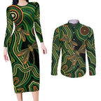 Green Indigenous Dragonfly Australia Couples Matching Long Sleeve Bodycon Dress and Long Sleeve Button Shirt Aboriginal Art - Aussie Hoodie