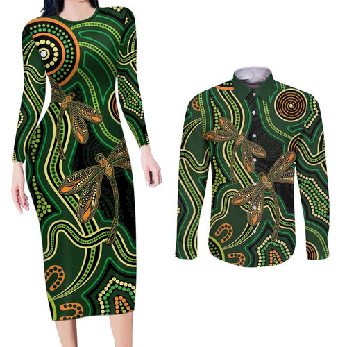 Green Indigenous Dragonfly Australia Couples Matching Long Sleeve Bodycon Dress and Long Sleeve Button Shirt Aboriginal Art - Aussie Hoodie