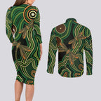 Green Indigenous Dragonfly Australia Couples Matching Long Sleeve Bodycon Dress and Long Sleeve Button Shirt Aboriginal Art - Aussie Hoodie