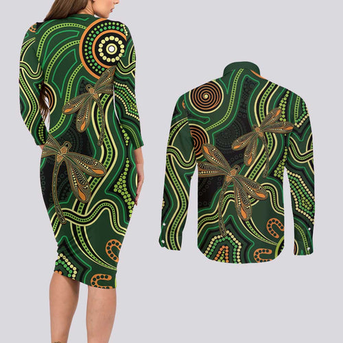 Green Indigenous Dragonfly Australia Couples Matching Long Sleeve Bodycon Dress and Long Sleeve Button Shirt Aboriginal Art - Aussie Hoodie