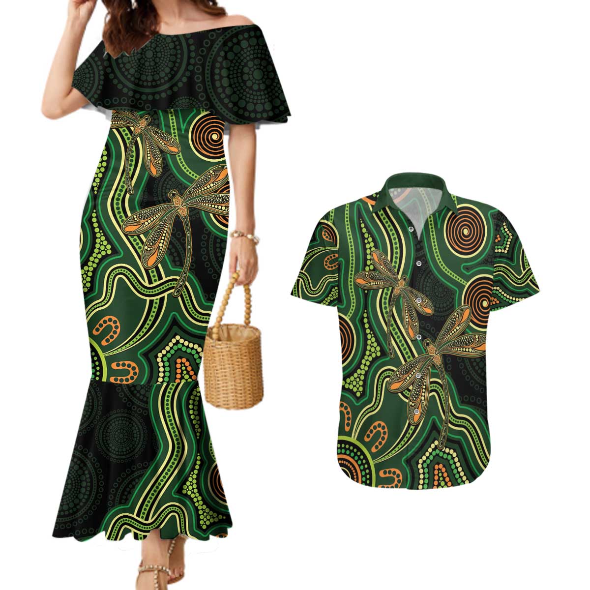 Green Indigenous Dragonfly Australia Couples Matching Mermaid Dress and Hawaiian Shirt Aboriginal Art - Aussie Hoodie