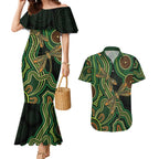 Green Indigenous Dragonfly Australia Couples Matching Mermaid Dress and Hawaiian Shirt Aboriginal Art - Aussie Hoodie