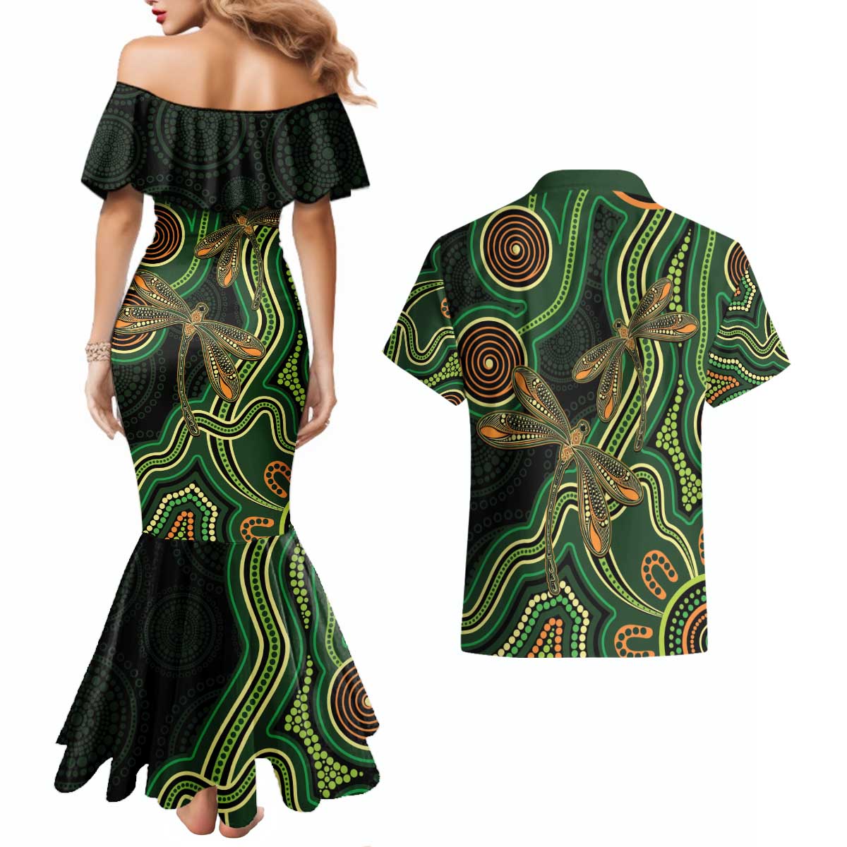 Green Indigenous Dragonfly Australia Couples Matching Mermaid Dress and Hawaiian Shirt Aboriginal Art - Aussie Hoodie