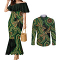 Green Indigenous Dragonfly Australia Couples Matching Mermaid Dress and Long Sleeve Button Shirt Aboriginal Art - Aussie Hoodie