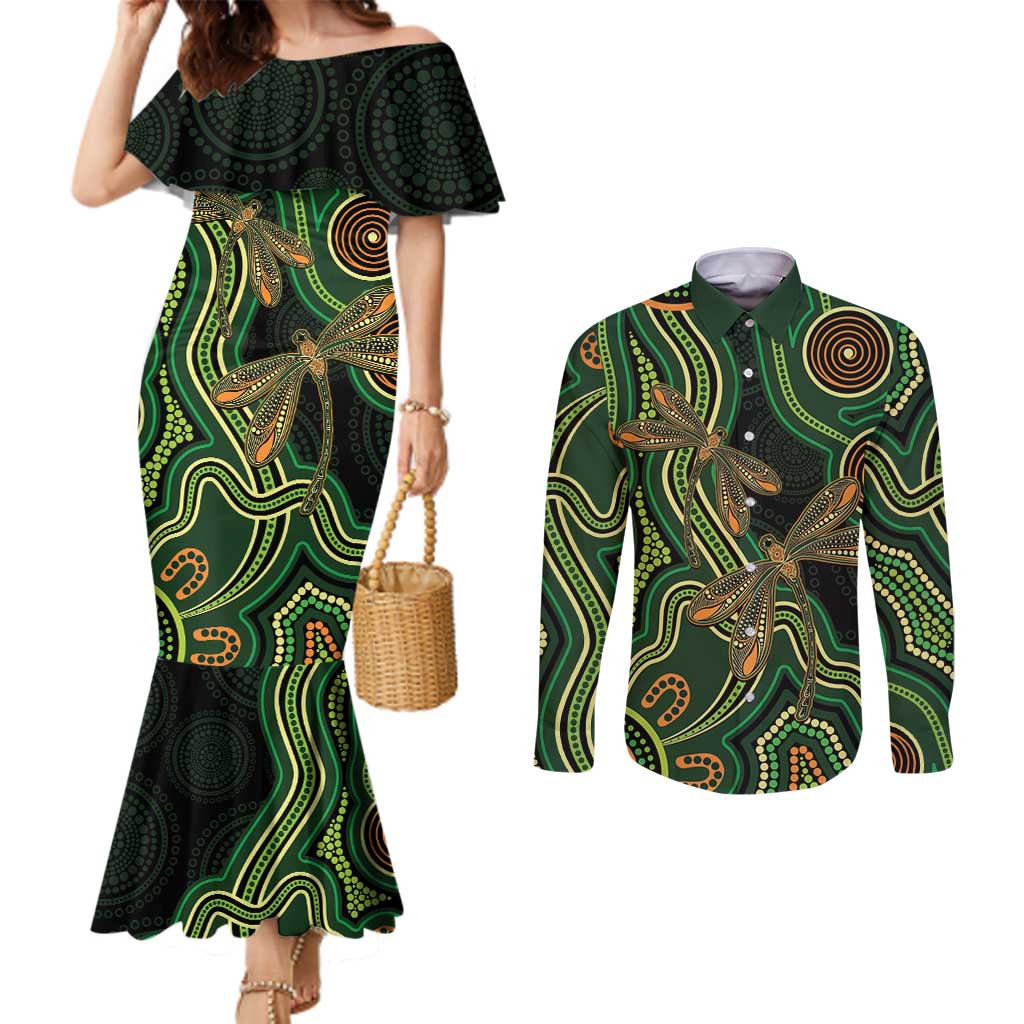 Green Indigenous Dragonfly Australia Couples Matching Mermaid Dress and Long Sleeve Button Shirt Aboriginal Art - Aussie Hoodie