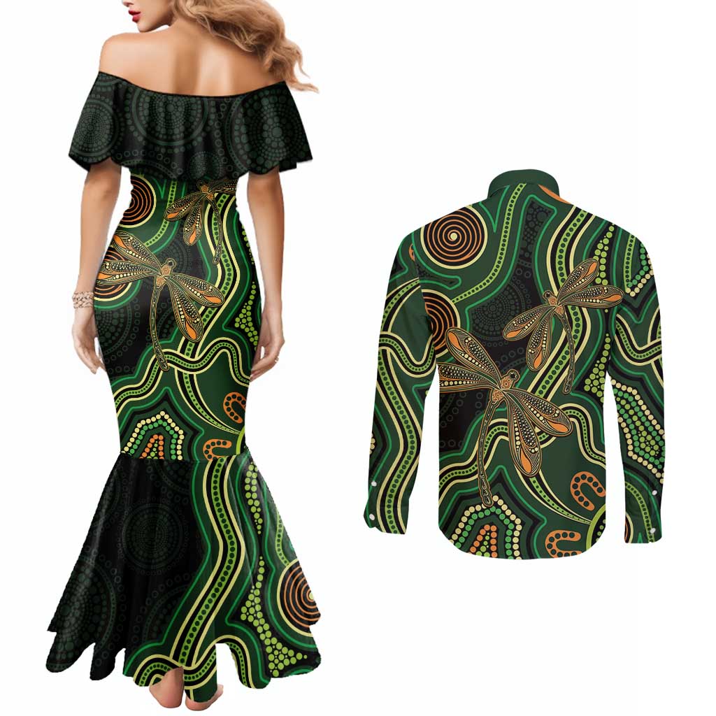 Green Indigenous Dragonfly Australia Couples Matching Mermaid Dress and Long Sleeve Button Shirt Aboriginal Art - Aussie Hoodie