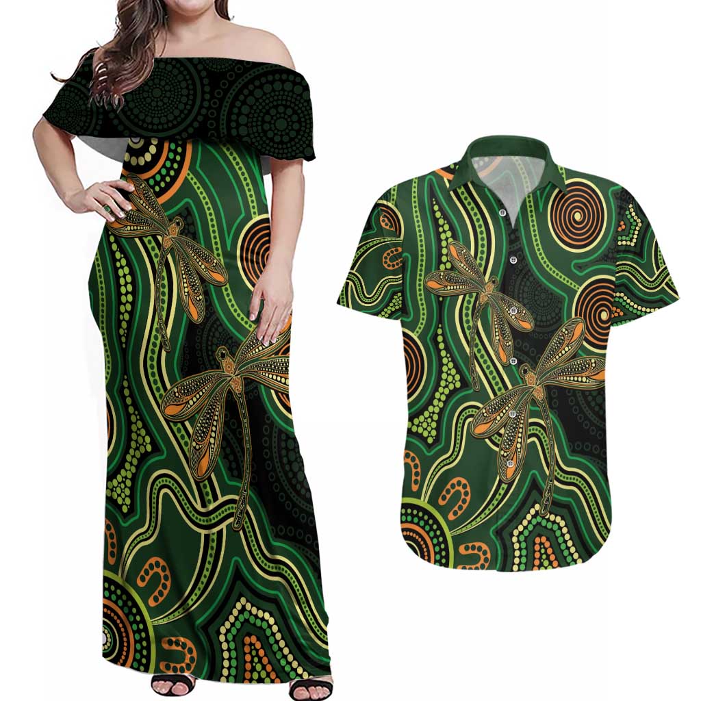 Green Indigenous Dragonfly Australia Couples Matching Off Shoulder Maxi Dress and Hawaiian Shirt Aboriginal Art - Aussie Hoodie