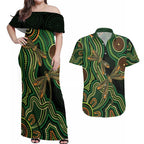 Green Indigenous Dragonfly Australia Couples Matching Off Shoulder Maxi Dress and Hawaiian Shirt Aboriginal Art - Aussie Hoodie