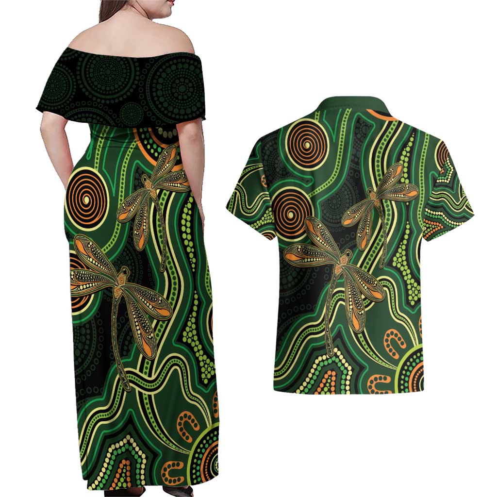 Green Indigenous Dragonfly Australia Couples Matching Off Shoulder Maxi Dress and Hawaiian Shirt Aboriginal Art - Aussie Hoodie