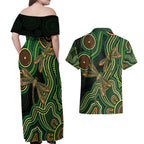 Green Indigenous Dragonfly Australia Couples Matching Off Shoulder Maxi Dress and Hawaiian Shirt Aboriginal Art - Aussie Hoodie
