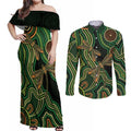 Green Indigenous Dragonfly Australia Couples Matching Off Shoulder Maxi Dress and Long Sleeve Button Shirt Aboriginal Art - Aussie Hoodie