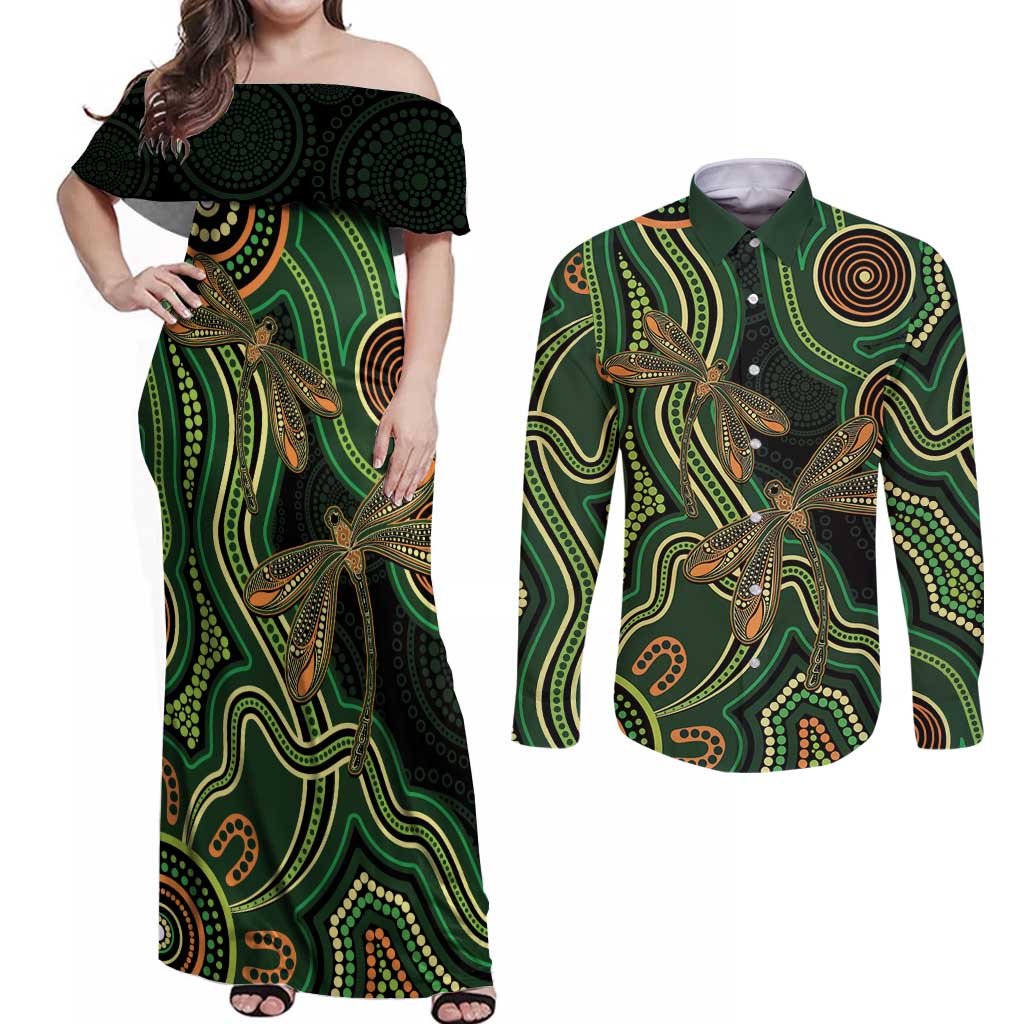 Green Indigenous Dragonfly Australia Couples Matching Off Shoulder Maxi Dress and Long Sleeve Button Shirt Aboriginal Art - Aussie Hoodie