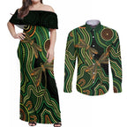 Green Indigenous Dragonfly Australia Couples Matching Off Shoulder Maxi Dress and Long Sleeve Button Shirt Aboriginal Art - Aussie Hoodie