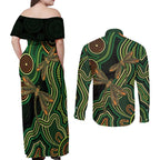 Green Indigenous Dragonfly Australia Couples Matching Off Shoulder Maxi Dress and Long Sleeve Button Shirt Aboriginal Art - Aussie Hoodie