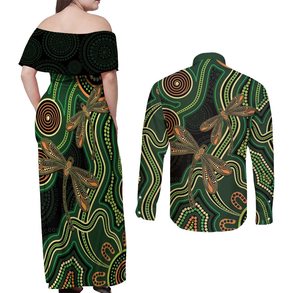 Green Indigenous Dragonfly Australia Couples Matching Off Shoulder Maxi Dress and Long Sleeve Button Shirt Aboriginal Art - Aussie Hoodie