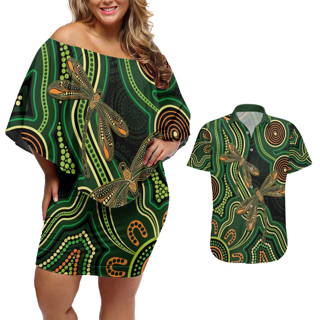 Green Indigenous Dragonfly Australia Couples Matching Off Shoulder Short Dress and Hawaiian Shirt Aboriginal Art - Aussie Hoodie