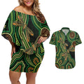 Green Indigenous Dragonfly Australia Couples Matching Off Shoulder Short Dress and Hawaiian Shirt Aboriginal Art - Aussie Hoodie