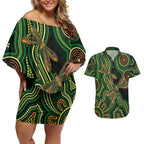 Green Indigenous Dragonfly Australia Couples Matching Off Shoulder Short Dress and Hawaiian Shirt Aboriginal Art - Aussie Hoodie