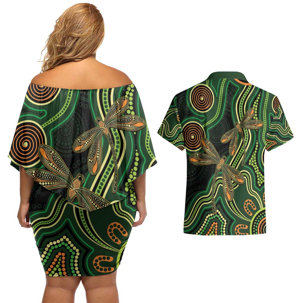 Green Indigenous Dragonfly Australia Couples Matching Off Shoulder Short Dress and Hawaiian Shirt Aboriginal Art - Aussie Hoodie