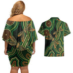Green Indigenous Dragonfly Australia Couples Matching Off Shoulder Short Dress and Hawaiian Shirt Aboriginal Art - Aussie Hoodie