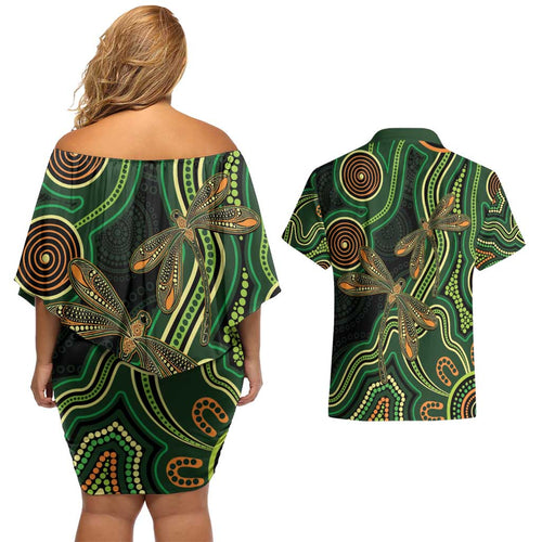 Green Indigenous Dragonfly Australia Couples Matching Off Shoulder Short Dress and Hawaiian Shirt Aboriginal Art - Aussie Hoodie