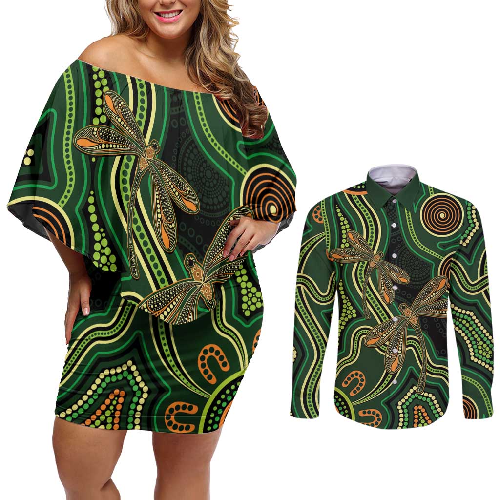 Green Indigenous Dragonfly Australia Couples Matching Off Shoulder Short Dress and Long Sleeve Button Shirt Aboriginal Art - Aussie Hoodie