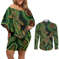 Green Indigenous Dragonfly Australia Couples Matching Off Shoulder Short Dress and Long Sleeve Button Shirt Aboriginal Art - Aussie Hoodie