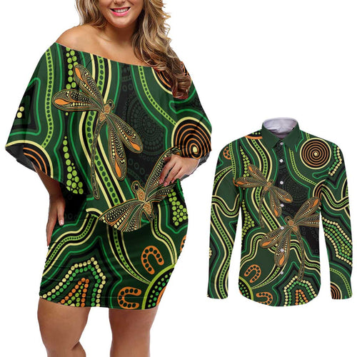 Green Indigenous Dragonfly Australia Couples Matching Off Shoulder Short Dress and Long Sleeve Button Shirt Aboriginal Art - Aussie Hoodie