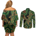 Green Indigenous Dragonfly Australia Couples Matching Off Shoulder Short Dress and Long Sleeve Button Shirt Aboriginal Art - Aussie Hoodie
