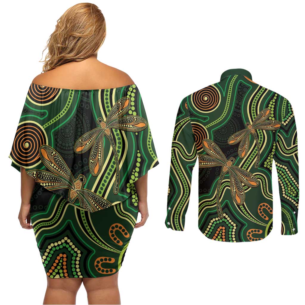 Green Indigenous Dragonfly Australia Couples Matching Off Shoulder Short Dress and Long Sleeve Button Shirt Aboriginal Art - Aussie Hoodie