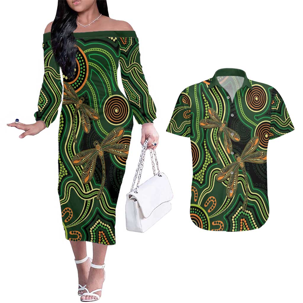 Green Indigenous Dragonfly Australia Couples Matching Off The Shoulder Long Sleeve Dress and Hawaiian Shirt Aboriginal Art - Aussie Hoodie