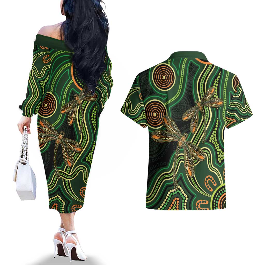 Green Indigenous Dragonfly Australia Couples Matching Off The Shoulder Long Sleeve Dress and Hawaiian Shirt Aboriginal Art - Aussie Hoodie