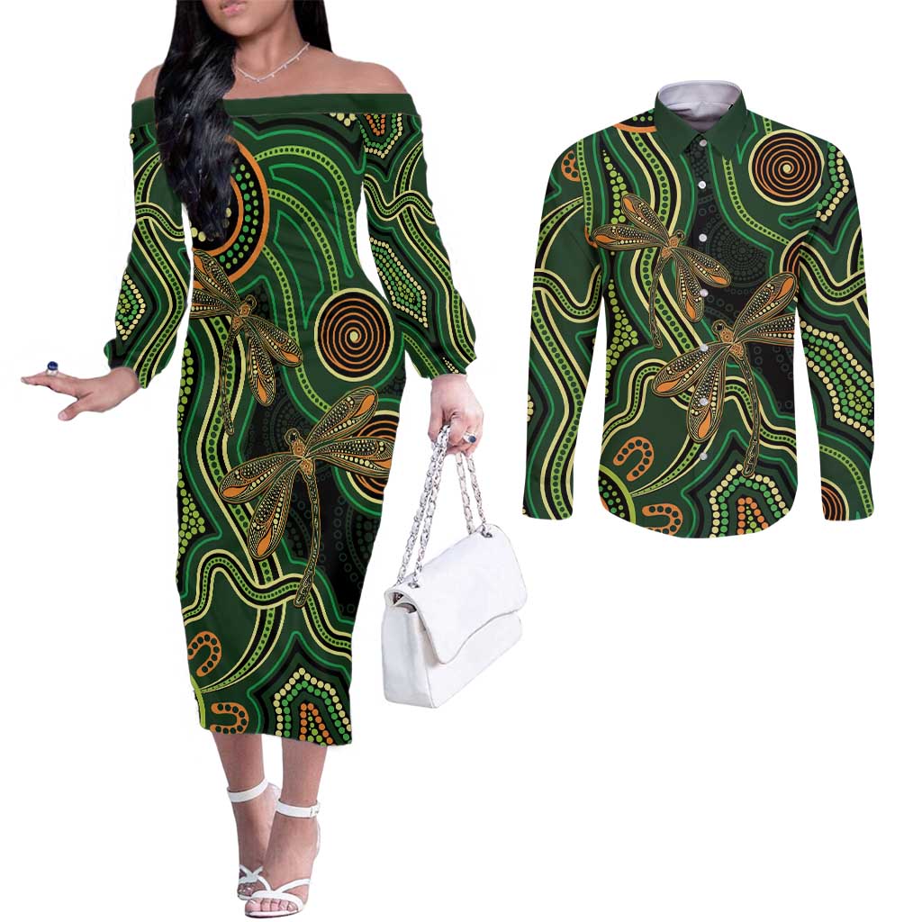 Green Indigenous Dragonfly Australia Couples Matching Off The Shoulder Long Sleeve Dress and Long Sleeve Button Shirt Aboriginal Art - Aussie Hoodie