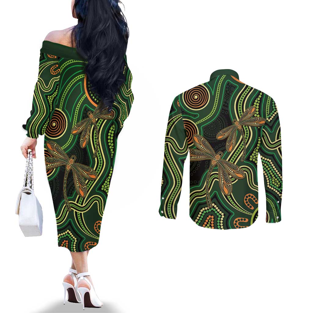 Green Indigenous Dragonfly Australia Couples Matching Off The Shoulder Long Sleeve Dress and Long Sleeve Button Shirt Aboriginal Art - Aussie Hoodie