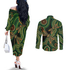 Green Indigenous Dragonfly Australia Couples Matching Off The Shoulder Long Sleeve Dress and Long Sleeve Button Shirt Aboriginal Art - Aussie Hoodie