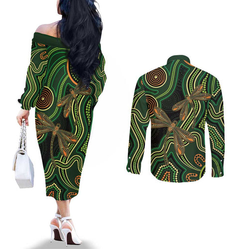 Green Indigenous Dragonfly Australia Couples Matching Off The Shoulder Long Sleeve Dress and Long Sleeve Button Shirt Aboriginal Art - Aussie Hoodie