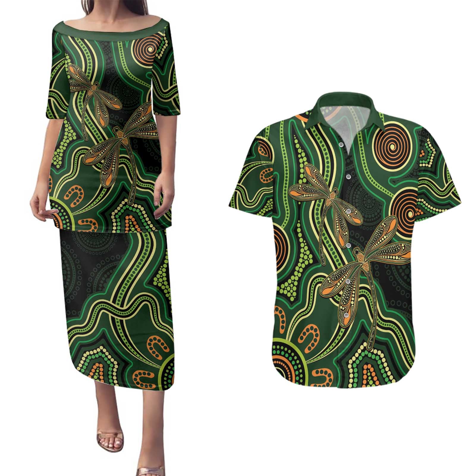 Green Indigenous Dragonfly Australia Couples Matching Puletasi and Hawaiian Shirt Aboriginal Art - Aussie Hoodie