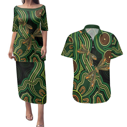 Green Indigenous Dragonfly Australia Couples Matching Puletasi and Hawaiian Shirt Aboriginal Art - Aussie Hoodie