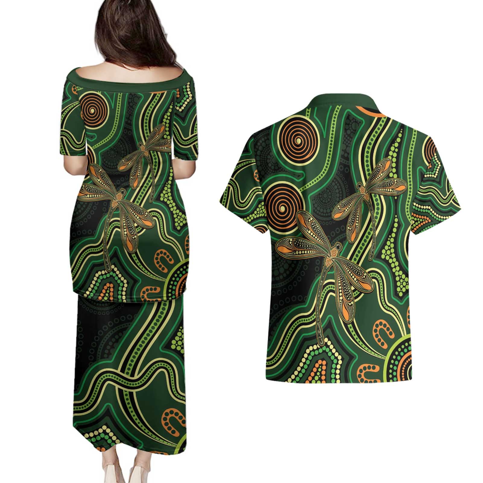 Green Indigenous Dragonfly Australia Couples Matching Puletasi and Hawaiian Shirt Aboriginal Art - Aussie Hoodie