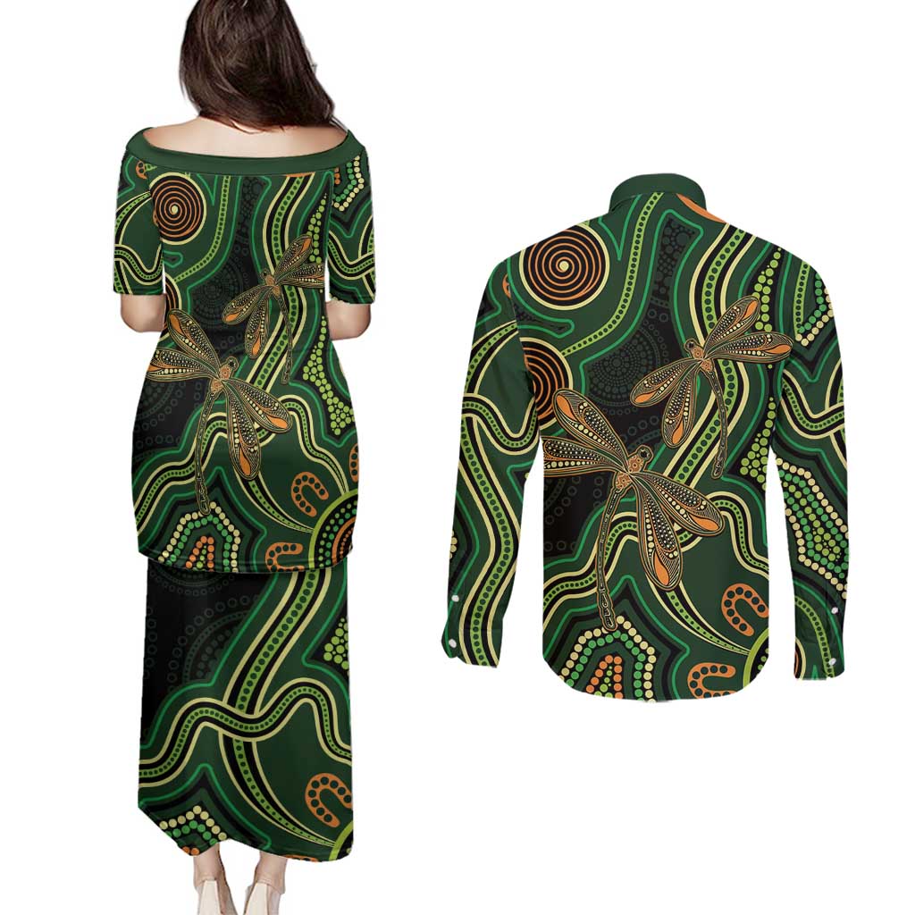 Green Indigenous Dragonfly Australia Couples Matching Puletasi and Long Sleeve Button Shirt Aboriginal Art - Aussie Hoodie