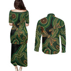 Green Indigenous Dragonfly Australia Couples Matching Puletasi and Long Sleeve Button Shirt Aboriginal Art - Aussie Hoodie