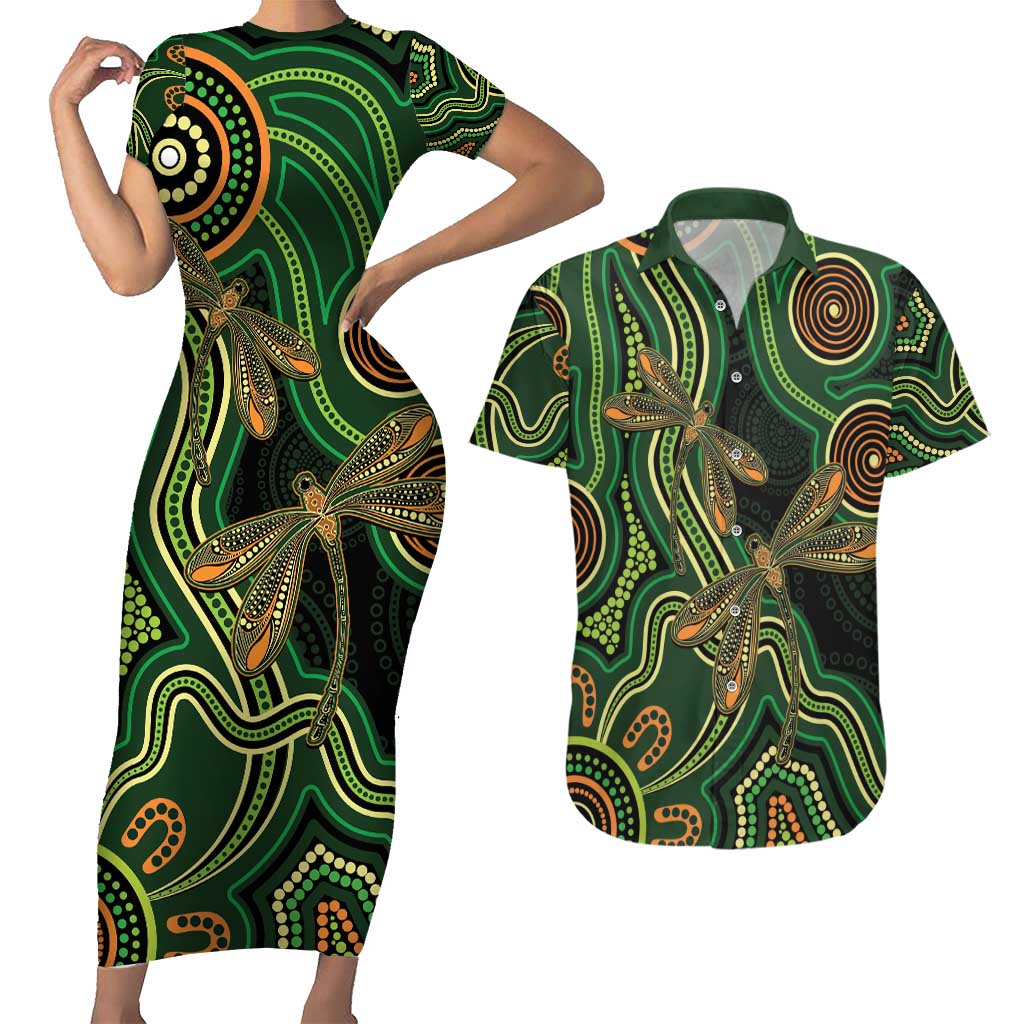 Green Indigenous Dragonfly Australia Couples Matching Short Sleeve Bodycon Dress and Hawaiian Shirt Aboriginal Art - Aussie Hoodie