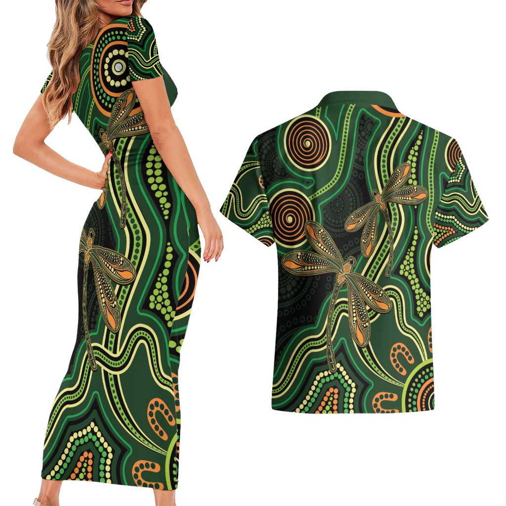 Green Indigenous Dragonfly Australia Couples Matching Short Sleeve Bodycon Dress and Hawaiian Shirt Aboriginal Art - Aussie Hoodie