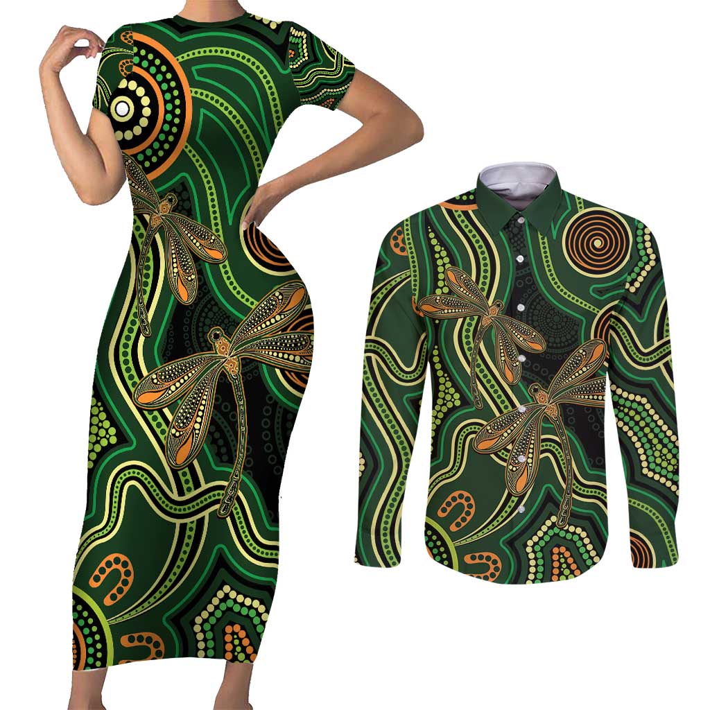 Green Indigenous Dragonfly Australia Couples Matching Short Sleeve Bodycon Dress and Long Sleeve Button Shirt Aboriginal Art - Aussie Hoodie