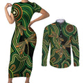 Green Indigenous Dragonfly Australia Couples Matching Short Sleeve Bodycon Dress and Long Sleeve Button Shirt Aboriginal Art - Aussie Hoodie