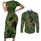 Green Indigenous Dragonfly Australia Couples Matching Short Sleeve Bodycon Dress and Long Sleeve Button Shirt Aboriginal Art - Aussie Hoodie