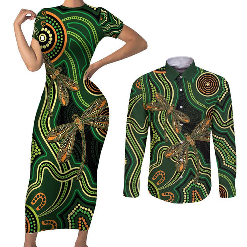 Green Indigenous Dragonfly Australia Couples Matching Short Sleeve Bodycon Dress and Long Sleeve Button Shirt Aboriginal Art - Aussie Hoodie