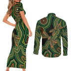 Green Indigenous Dragonfly Australia Couples Matching Short Sleeve Bodycon Dress and Long Sleeve Button Shirt Aboriginal Art - Aussie Hoodie