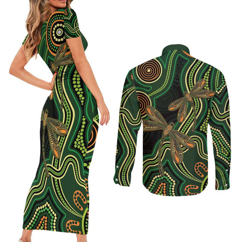Green Indigenous Dragonfly Australia Couples Matching Short Sleeve Bodycon Dress and Long Sleeve Button Shirt Aboriginal Art - Aussie Hoodie